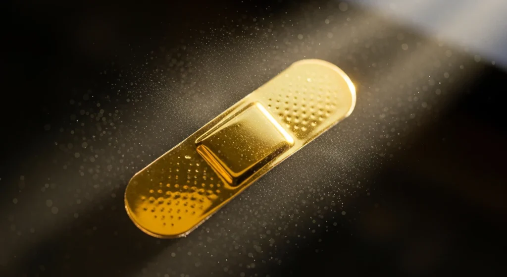 Una bandita de curación de oro, esta sobre una superficie oscura mientras sobre ella hay un rayo de luz que dejan ver particulas de polvo.