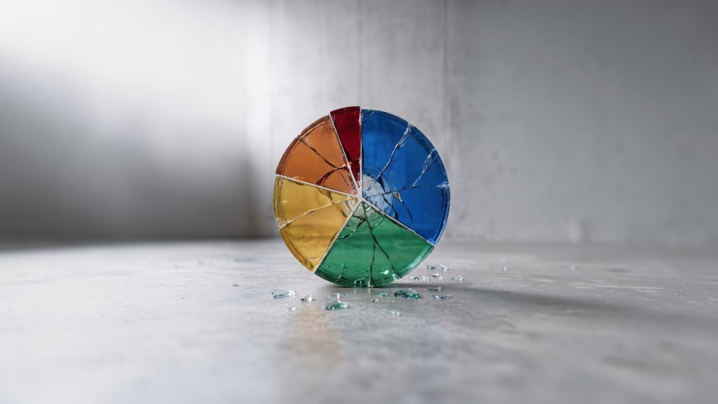 grafica de pastel de cristal visiblemente rota del artículo sobre Cómo demostrar el ROI del marketing B2B (sin depender solo de métricas de vanidad) de Taou Agencia Creativa, agencia de marketing digital especializada en B2B ubicada en Puebla, con experiencia en logística, industria textil, tecnología, sector inmobiliario y marca personal.